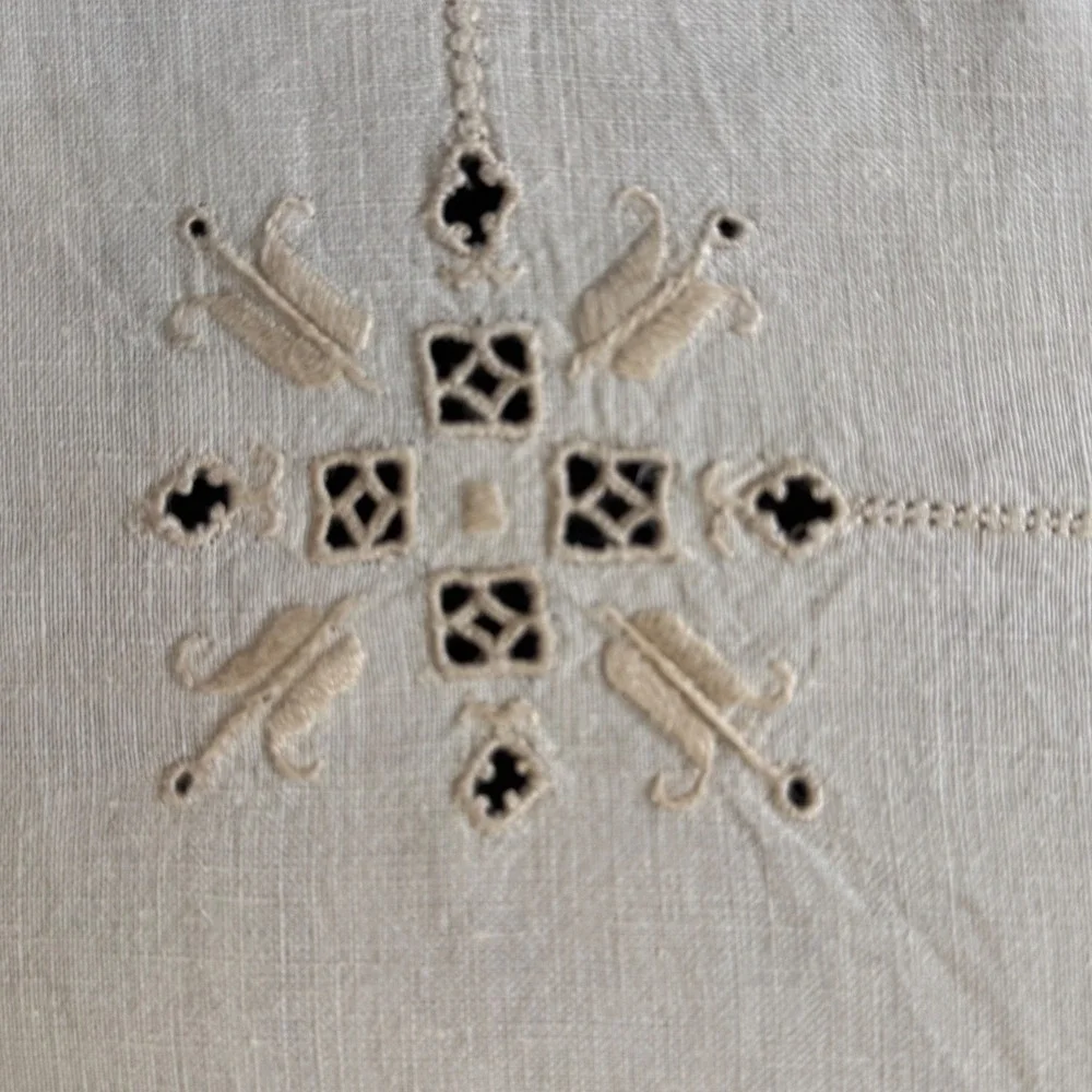 Vintage Hand Embroidered Linen Tablecloth Cream Off White Square 34x34 inch